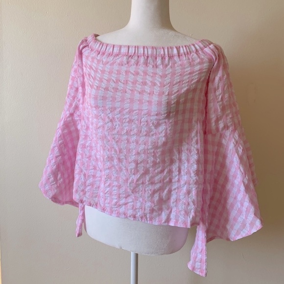LF gingham seersucker bell sleeve top size S NWT - Picture 3 of 15